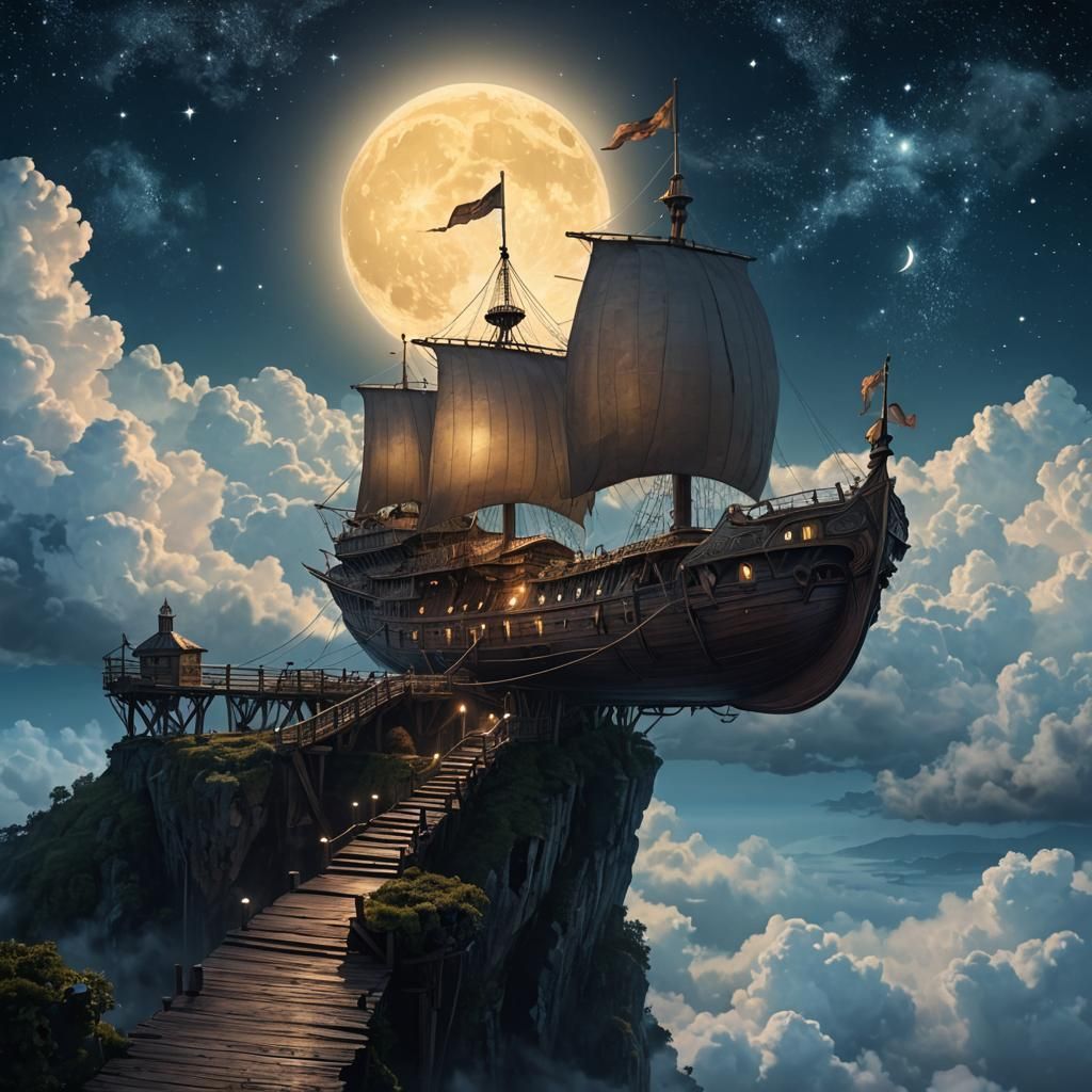 Fantasy Airship Docked Under Moonlit Sky