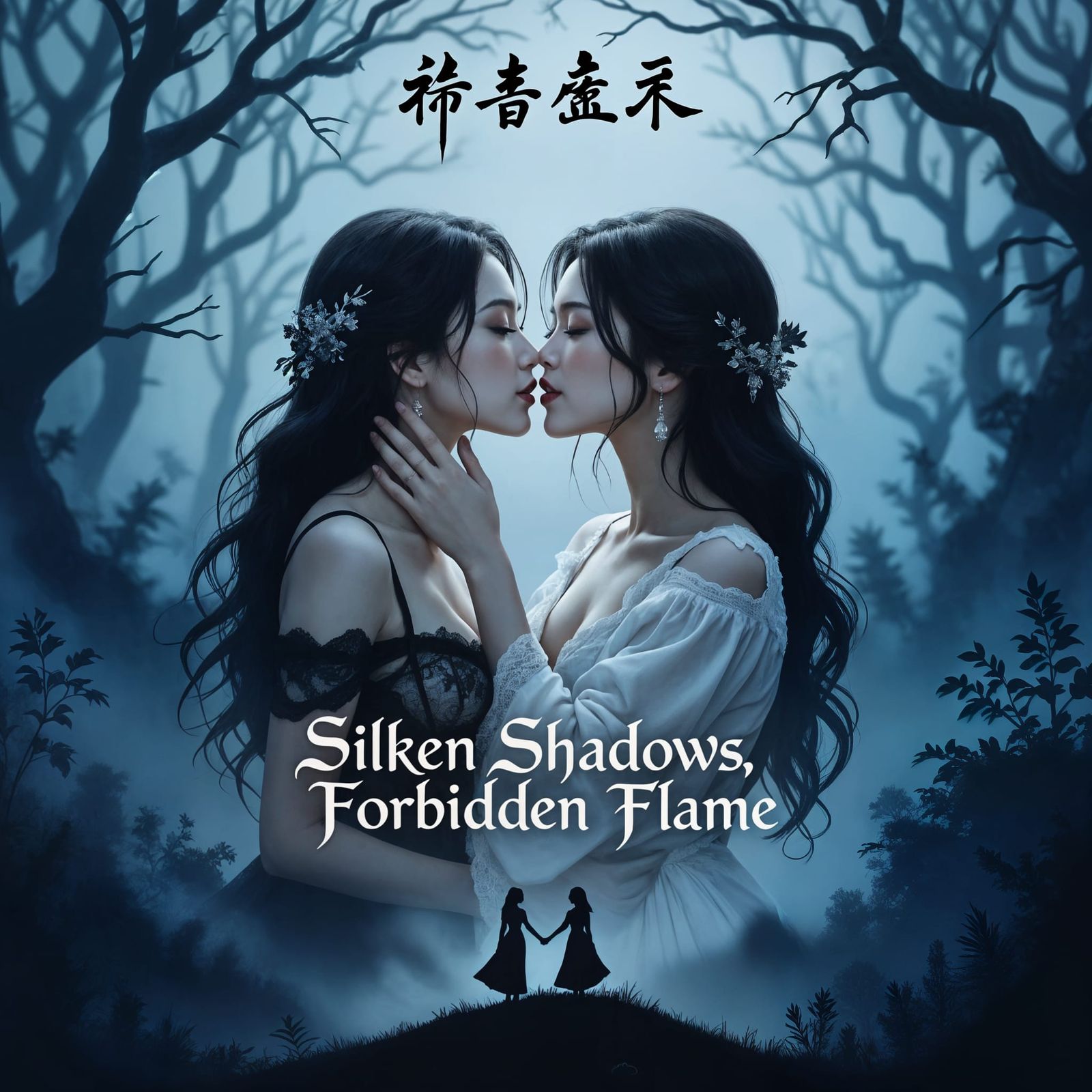 Romantic Film Poster: Asian Women Embrace in Gothic Forest