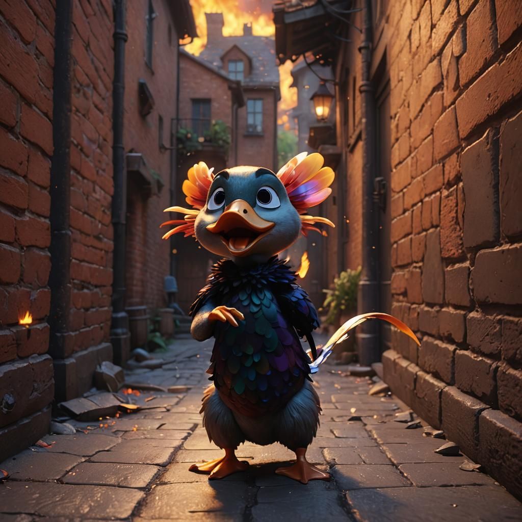 Fiery Winged Duck in Pixar-Style 3D Animation