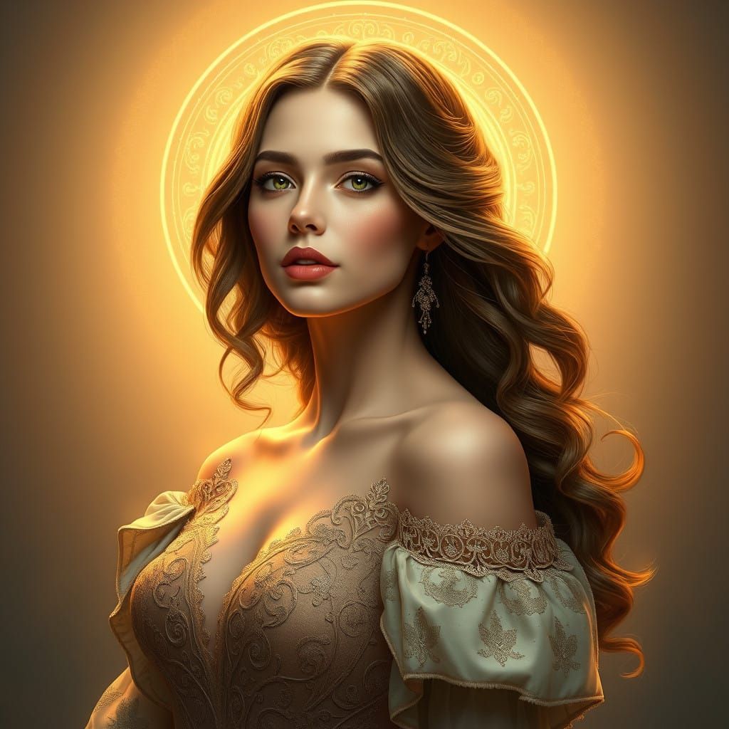 Serenely Elegant Woman Radiates Inner Warmth in Golden Light