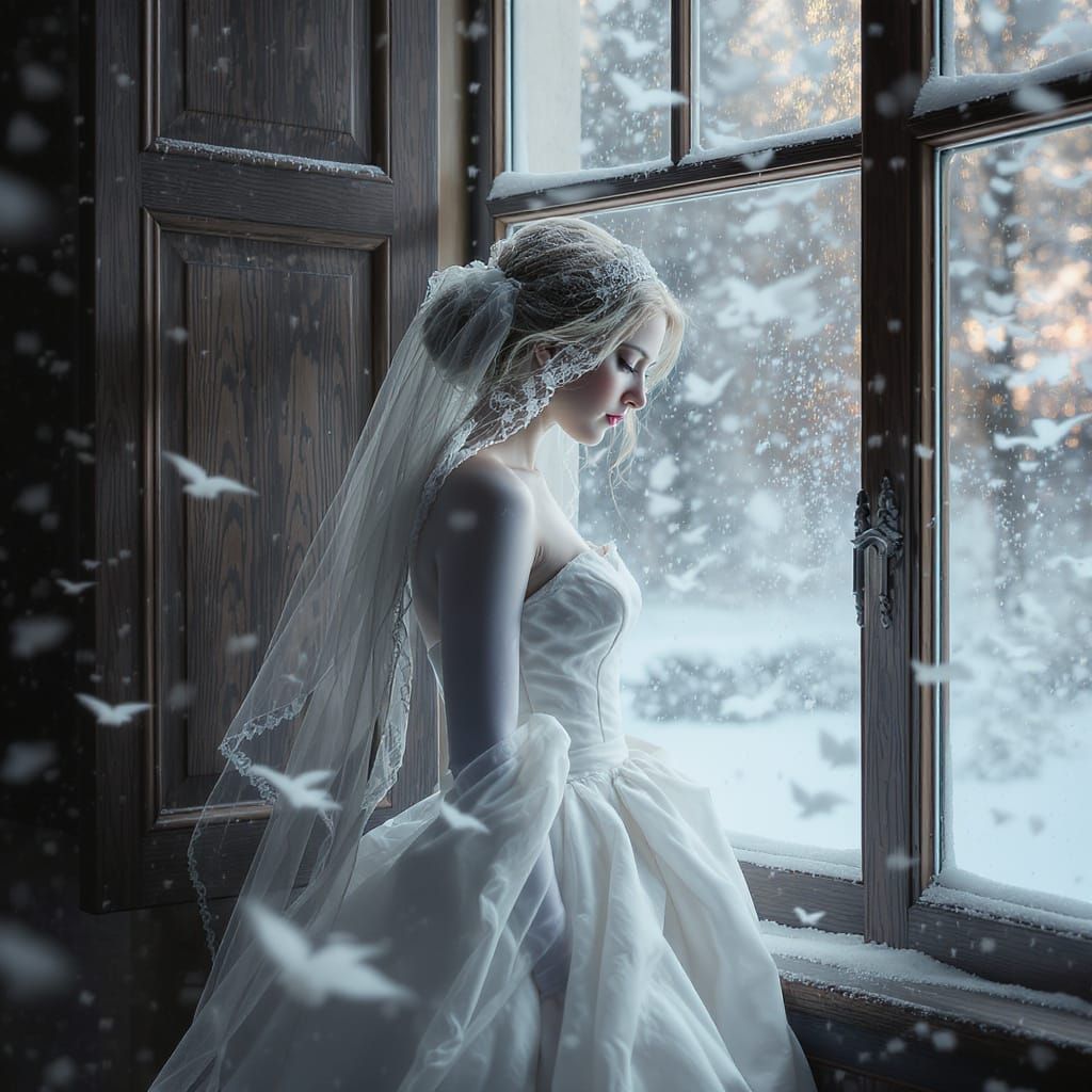 Bridal Portrait in Winter Blizzard