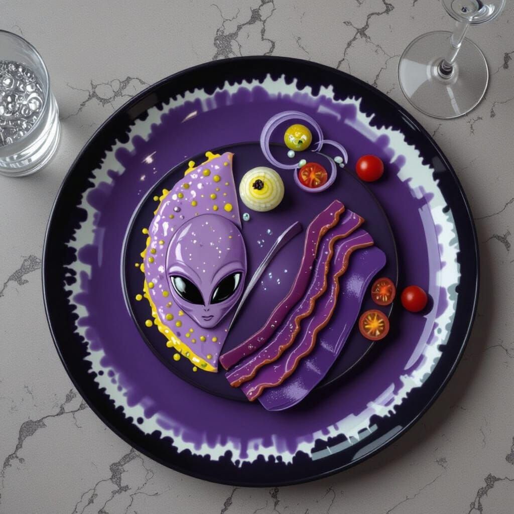 Alien dinner place setting. Purple sci-fi alien omelette for...