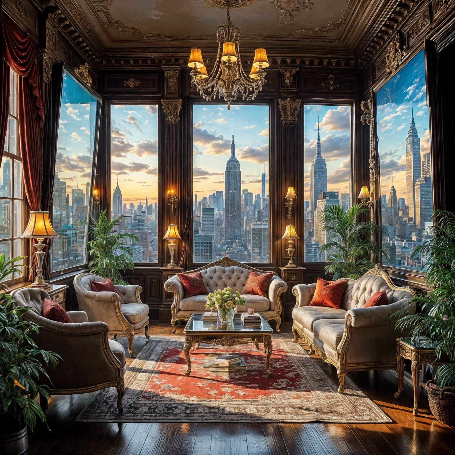 Victorian Parlor with Futuristic Cityscapes: Oil Painting