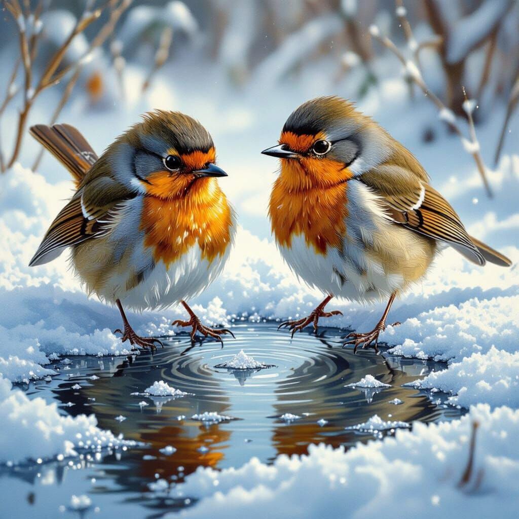 close up two wet fluffy feathered robin bird in a frozen puddle in the snow, highly imaginative blend of fantastical rea...
