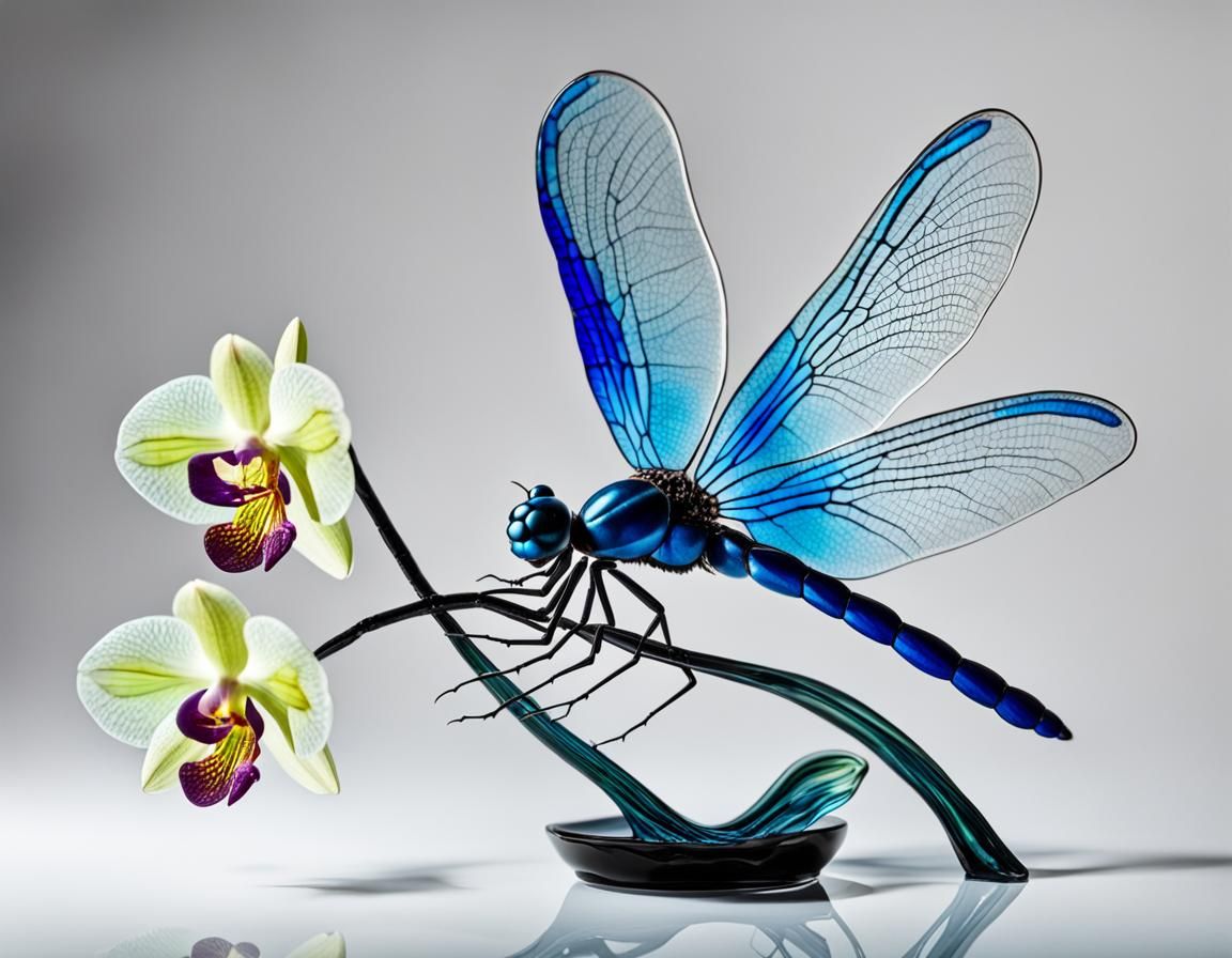 Blue Dragonfly Glass Sculpture Transforming into Orchids