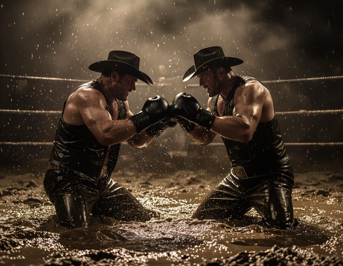 Rugged Cowboys Boxing in Deep Mud