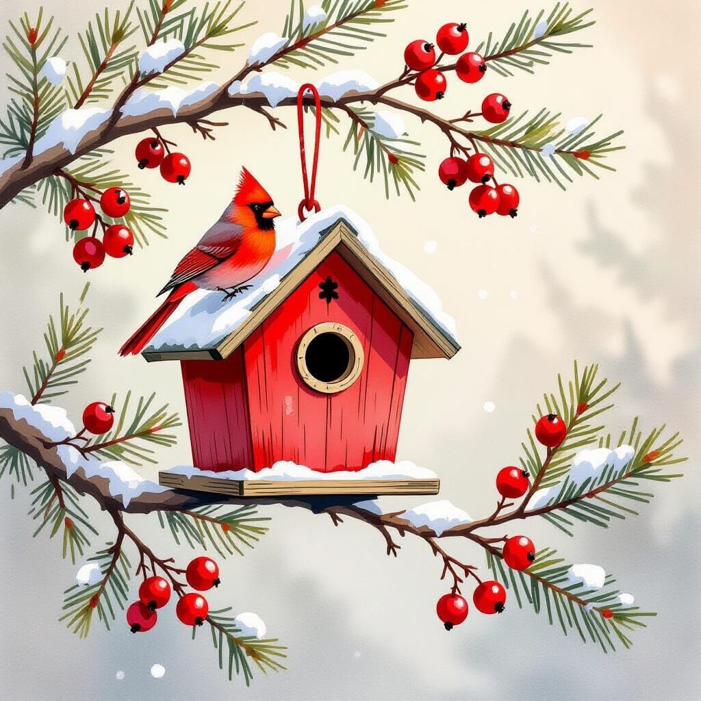 Whimsical Red Birdhouse with Cardinal on Pine Branch