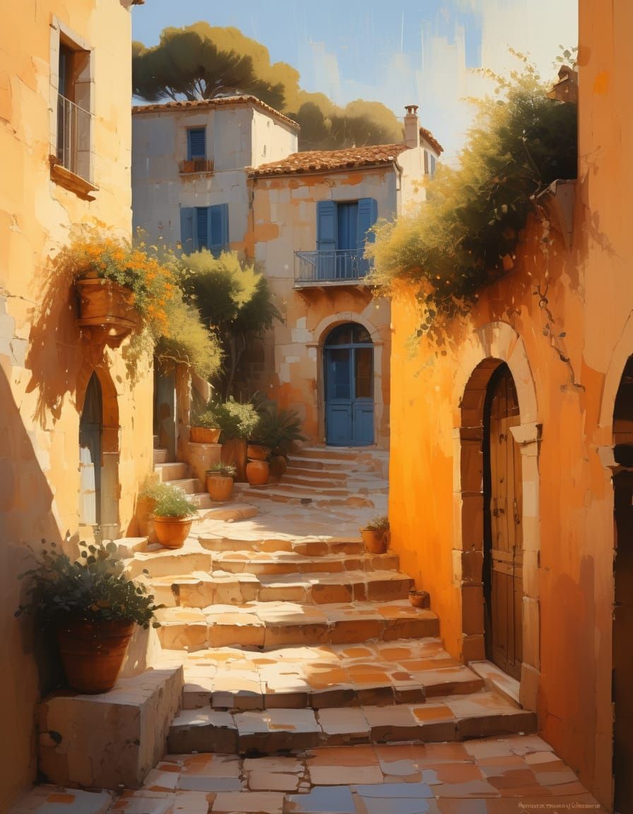 Impressionist Watercolor Of Sun-Drenched French Village Stre...