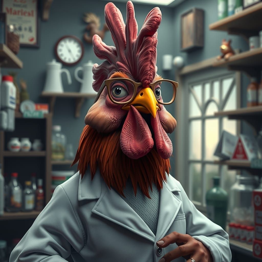 Rooster Pharmacist in Old-Fashioned Pharmacy: 3D Digital Art