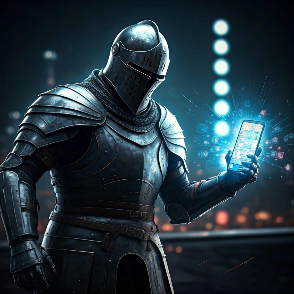Futuristic Knight Charges with Smartphone on Battlefield
