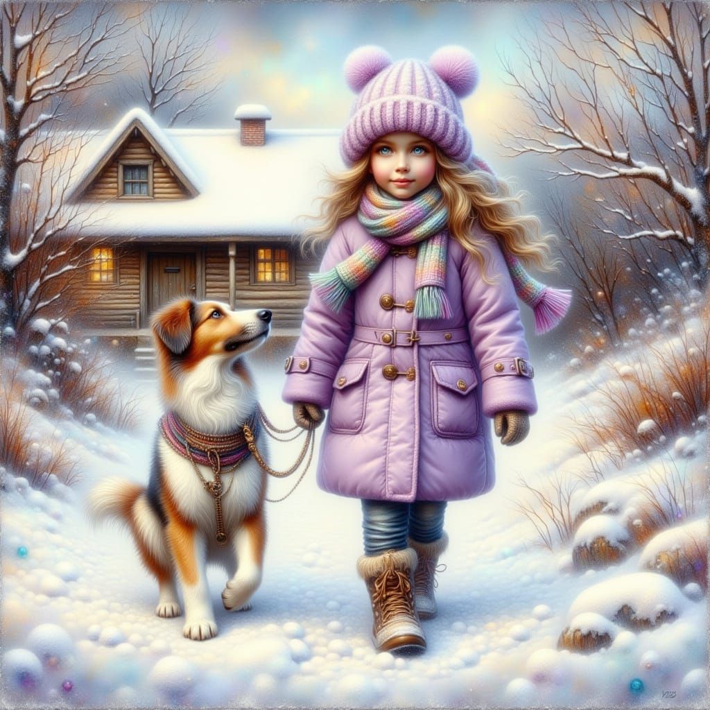 Girl and Dog Enjoying Winter Walk, Oil Painting Style
