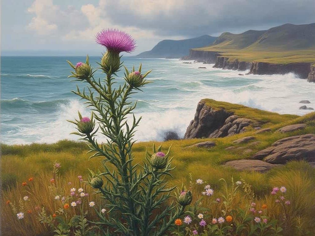 Scottish Coast Thistle Oil Painting with Rugged Cliffs