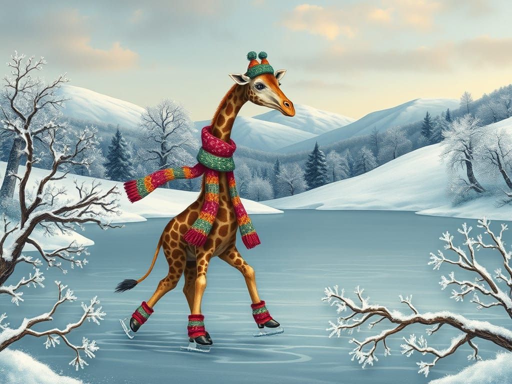 Giraffe Ice Skating in Whimsical Winter Wonderland