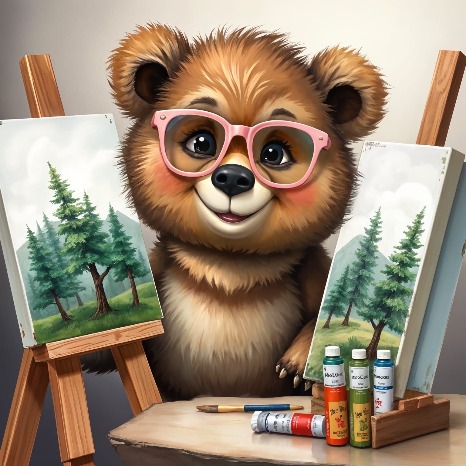 Cute Bear Recreates Bob Ross Painting