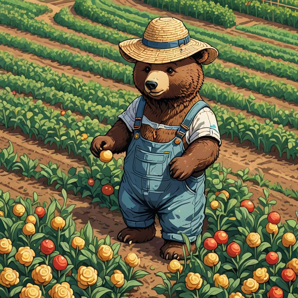 Pixel Art Bear Tilling Potato Field