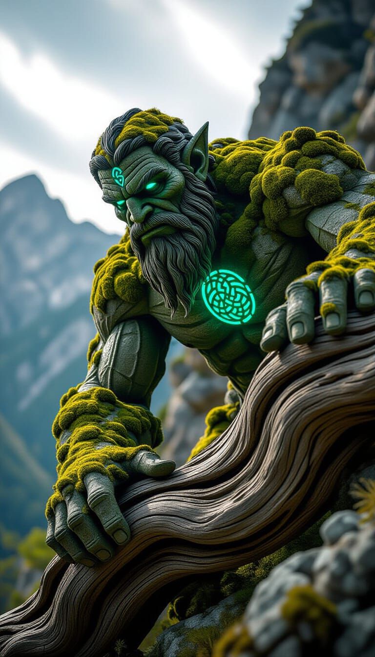 Stone Golem with Glowing Celtic Symbols on Mountain