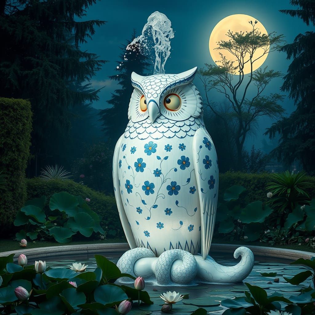 Porcelain Owl Fountain in Moonlit Garden