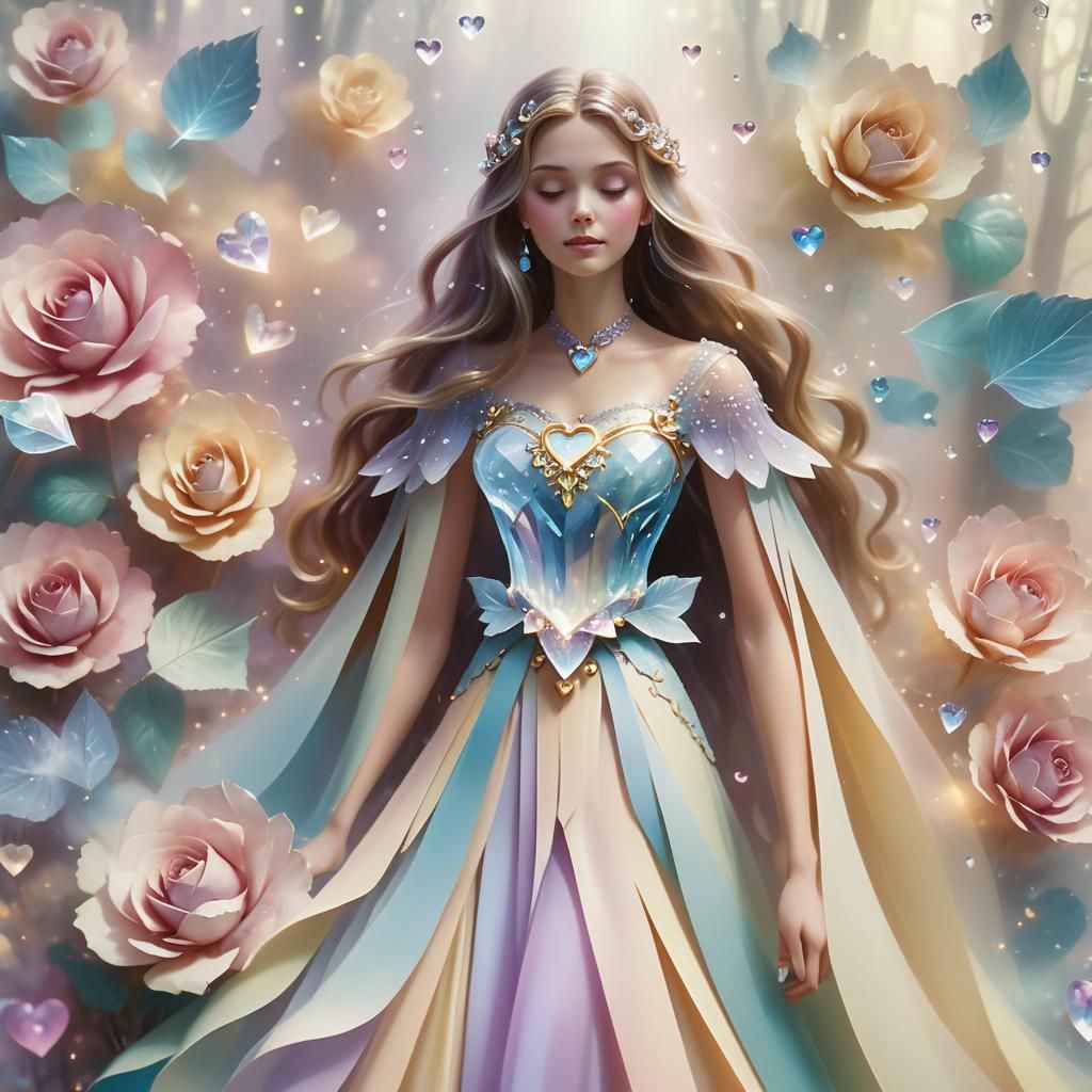 Ethereal Woman Creates Crystal Hearts in Misty Forest