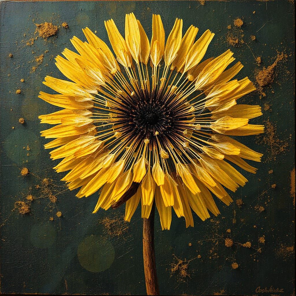 Distressed Hyperrealistic Dandelion in Digital Scratchboard