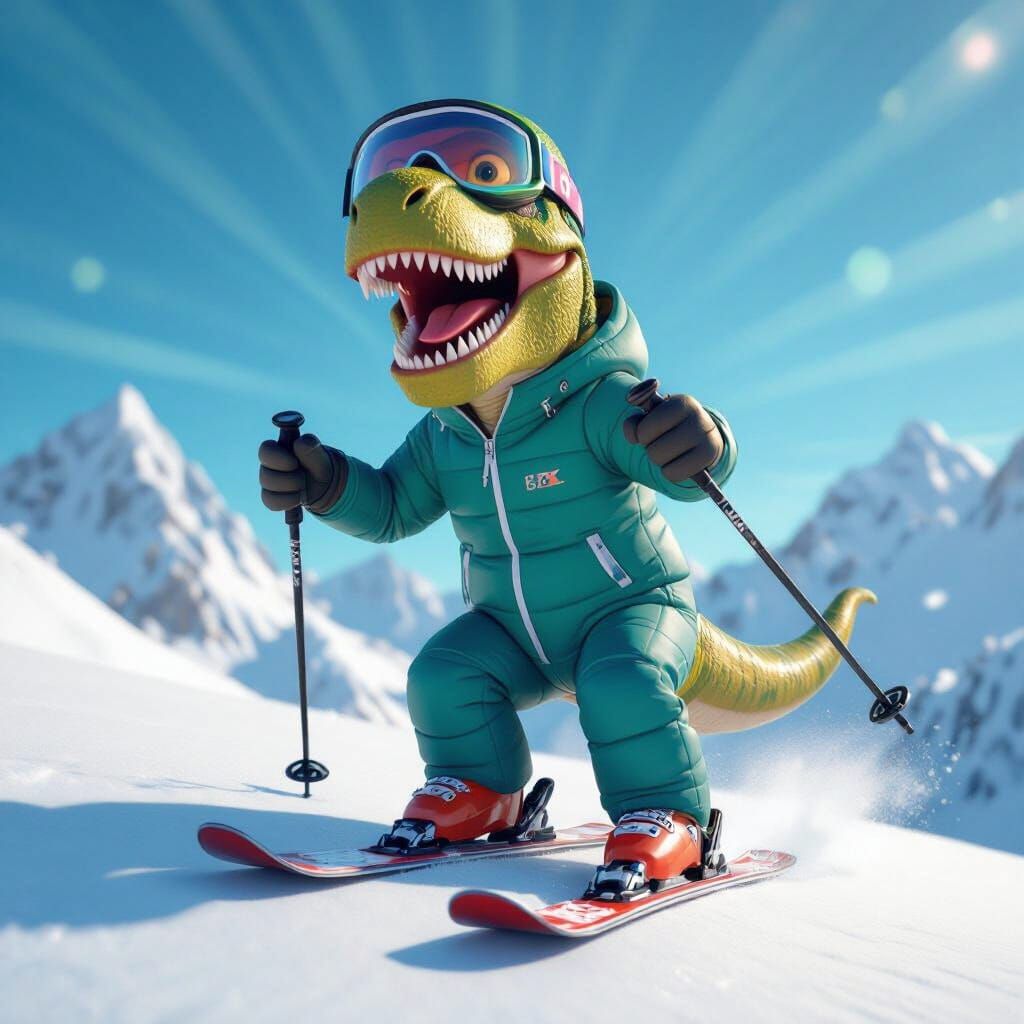 Joyful T-Rex Skier in Pixar Style