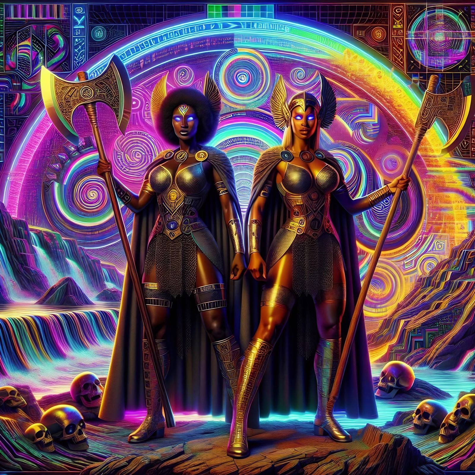 Valkyries in Glitch Art Valhalla with Neon Accents
