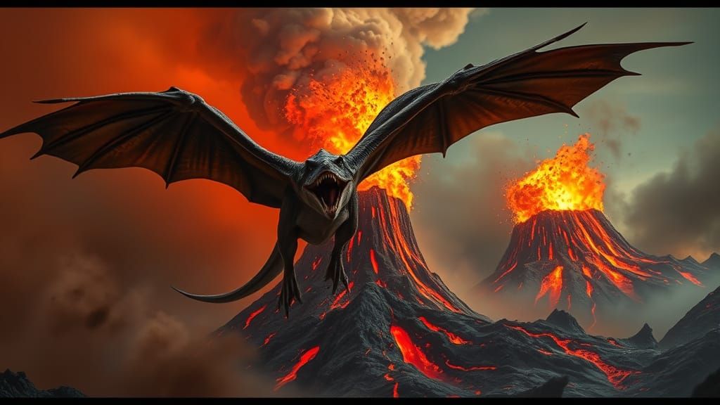 Pterodactyl Soaring Through Apocalyptic Volcano Landscape