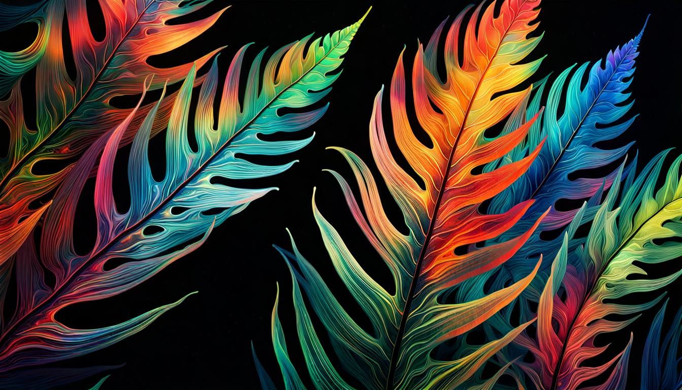 Iridescent Leaf Floating in Rainbow Pool: Digital Art