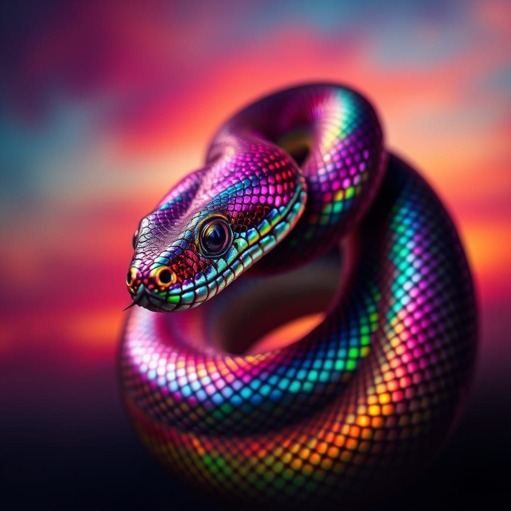 Surreal Iridescent Snake Uncoils in Ethereal Sunset Landscap...