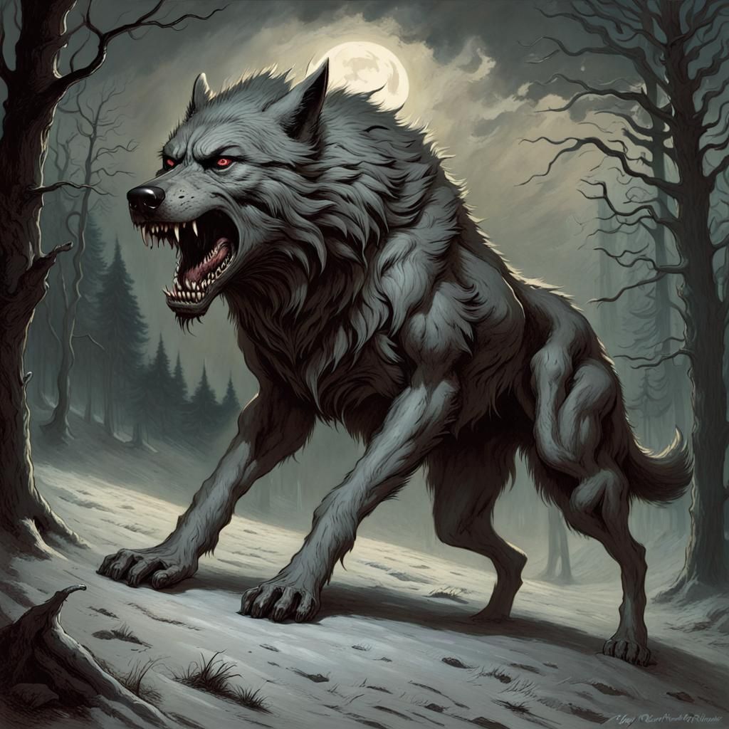 Demonic Dire Wolf in Dark Engraving Style