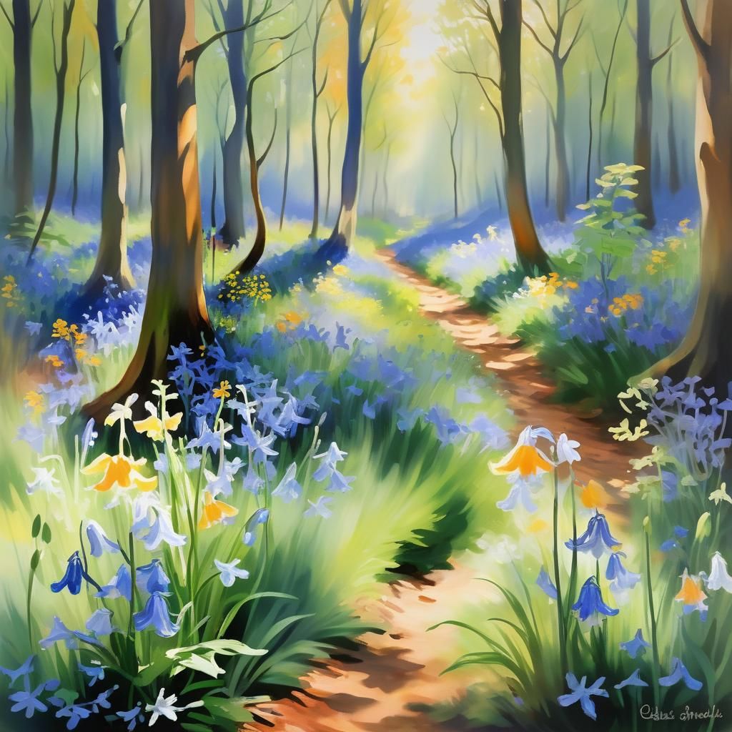 Watercolour Portrait of a Lush Bluebell in a Forest Glade