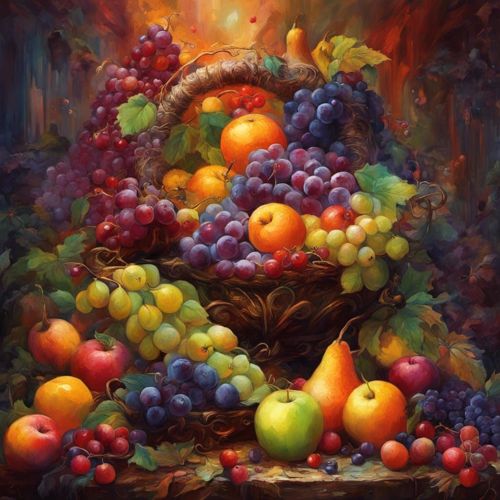 Fruit-Filled Cornucopia: Hyperdetailed Still Life