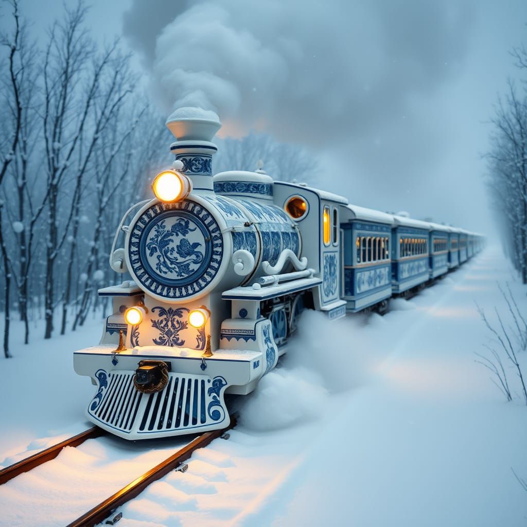 Art Nouveau Steam Train in Blizzard, Cloisonne Style