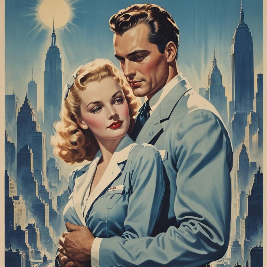 Pulp Art: Lovers Embrace in New York City