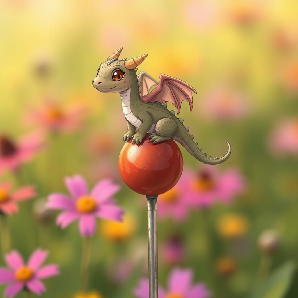 Anime Dragon on a Pin Among Wildflowers