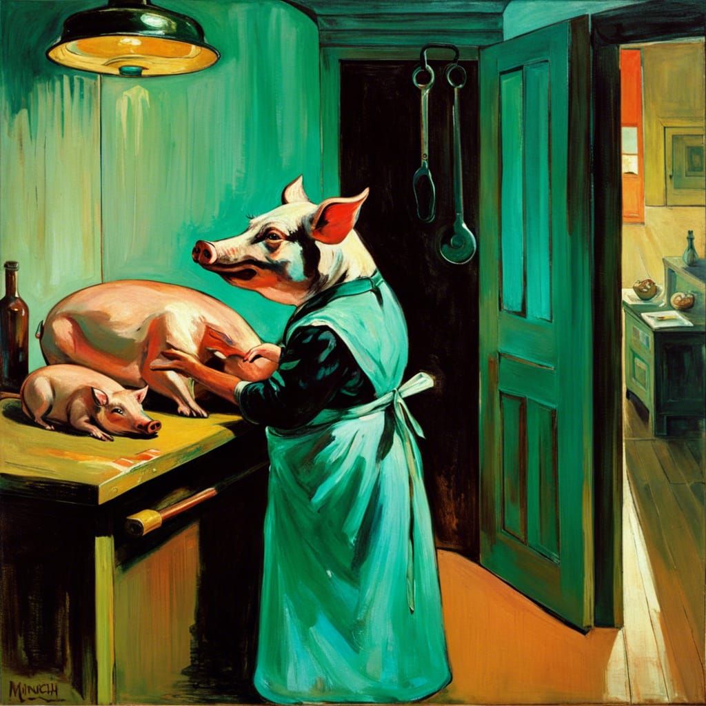 Butcher Pig with Human Hand, Oil Painting Style