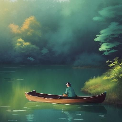 Serene Fisherman on Lake in Studio Ghibli Style