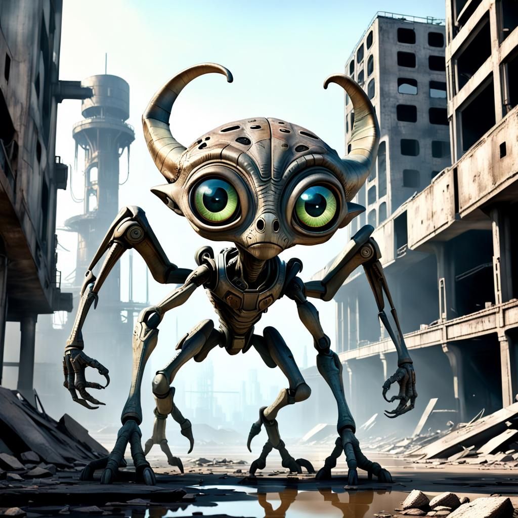 Sci-Fi Alien Creature in Ruined Landscape