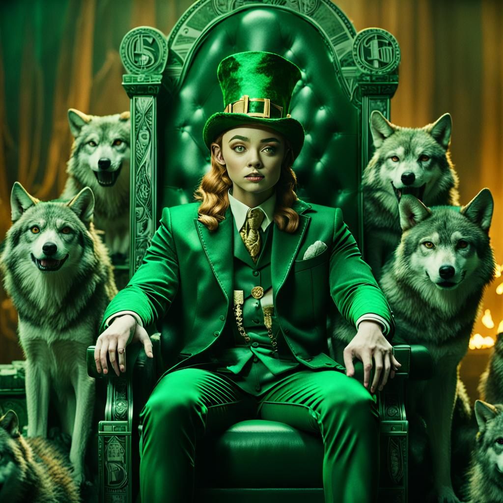 Leprechaun on Throne with Wolves: Cinematic Film Still
