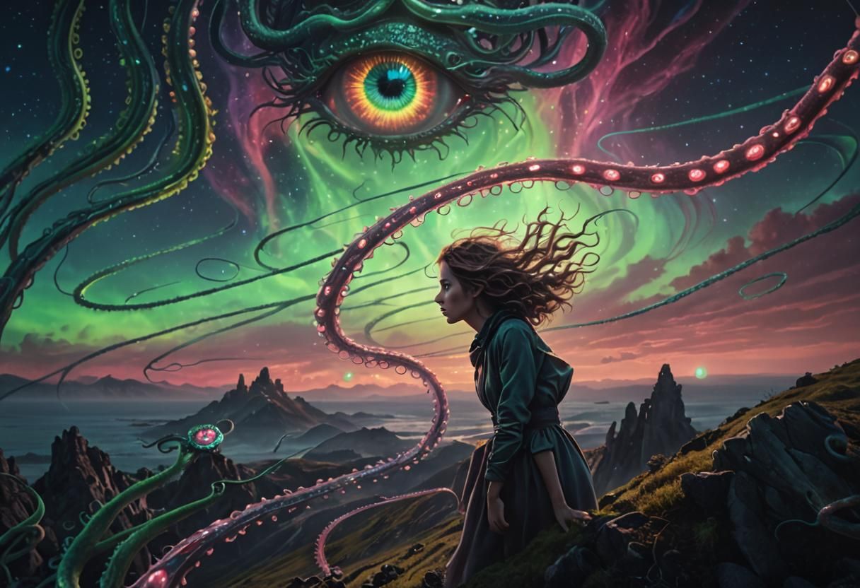 Woman Under Cosmic Eye: Holographic Astral Illustration