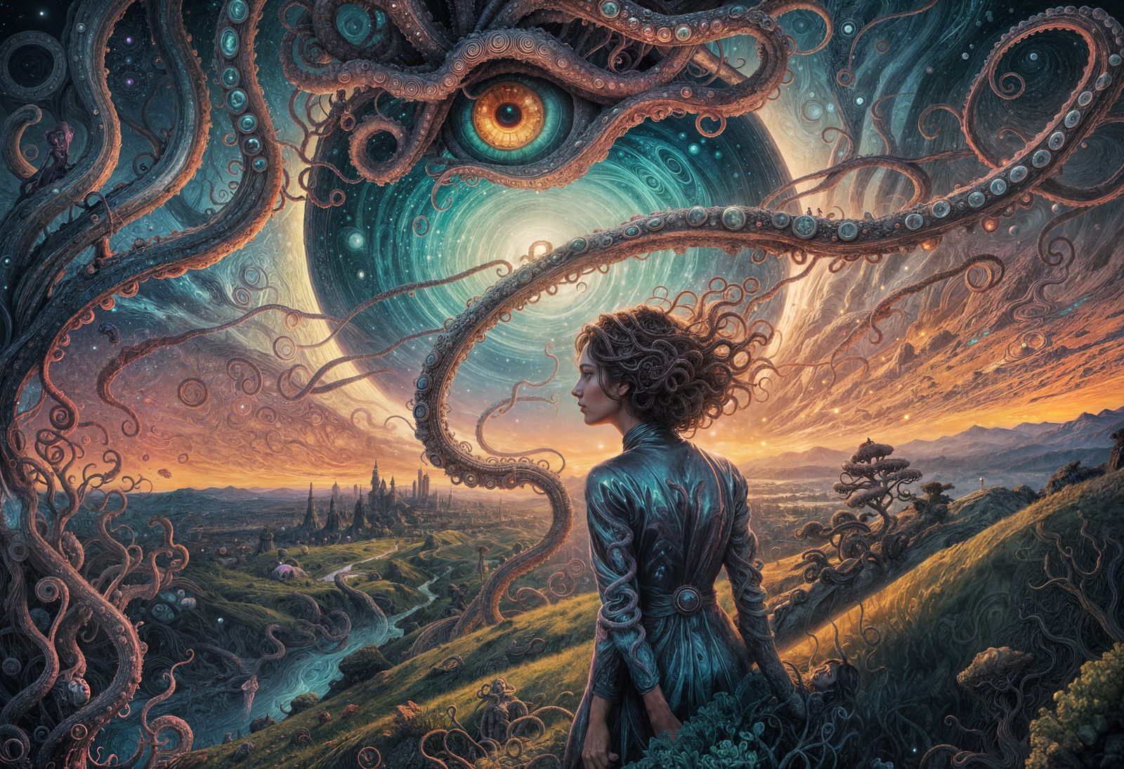 Woman Under Astral Eye: Hyperdetailed Cosmic Illustration