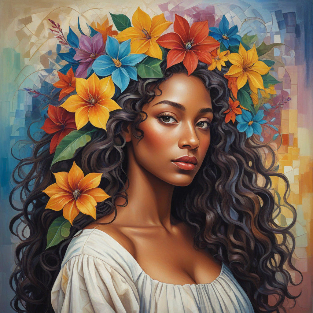 African Girl Surrounded by Vibrant Flowers in Abstract Cubis...