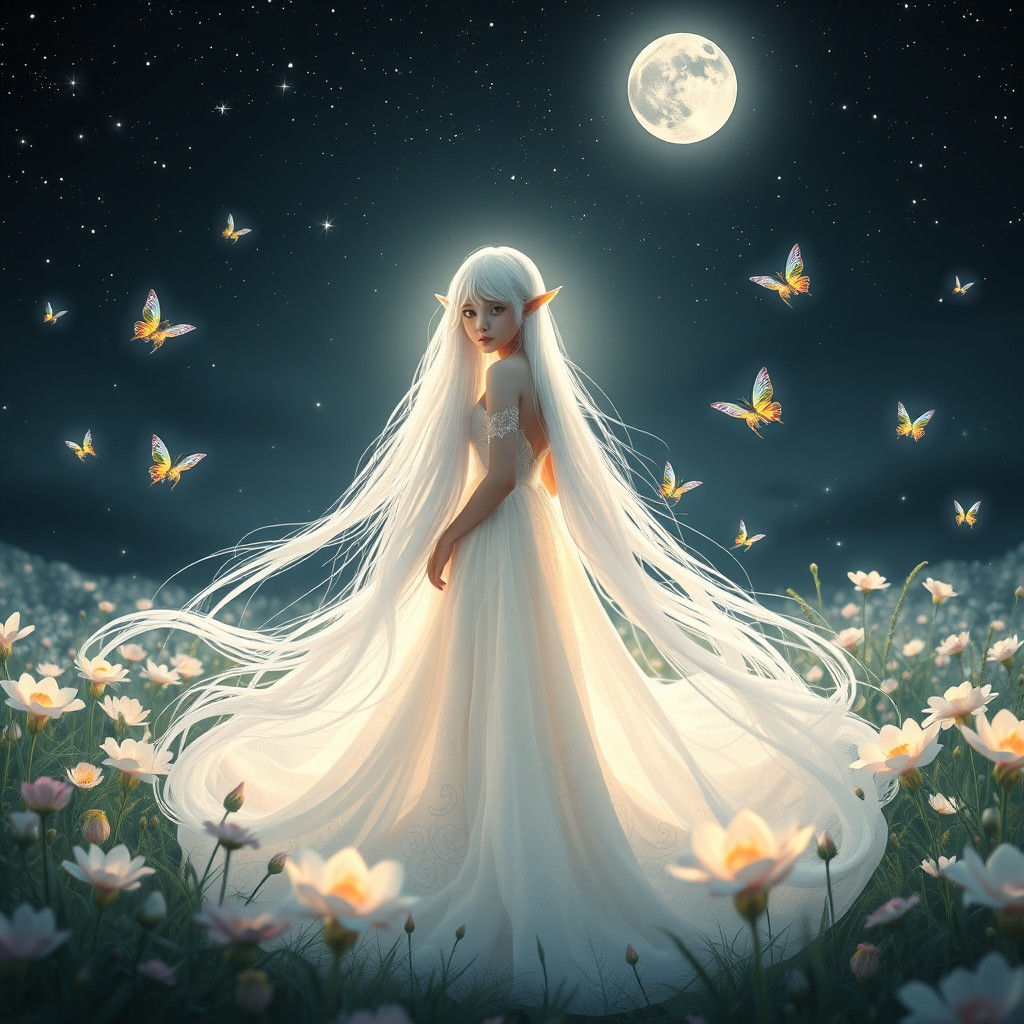 Ethereal Elven Girl in Moonlit Meadow