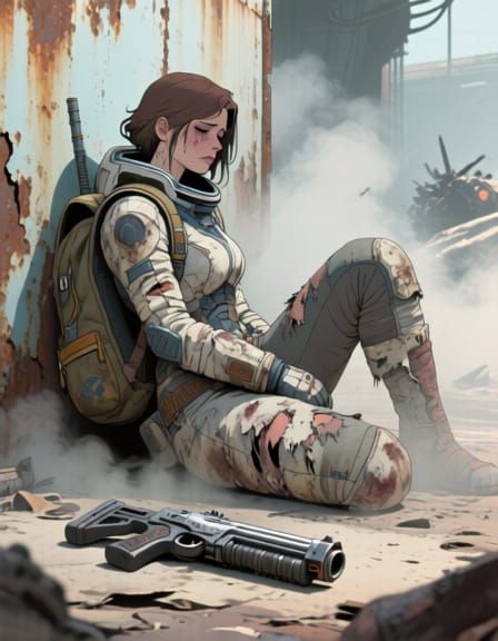 Weary Warrior Woman in Smoky Space Station