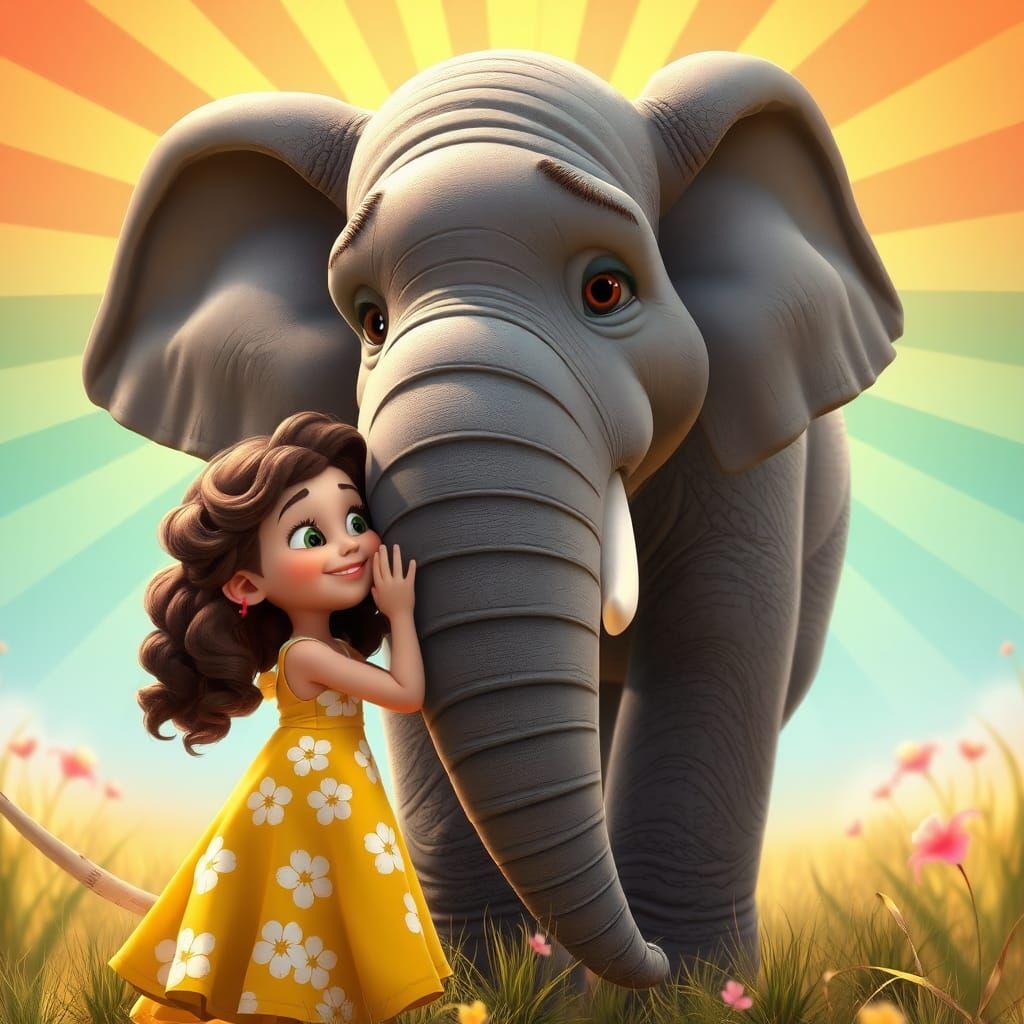 Girl Kisses Elephant in Vibrant Pixar Style