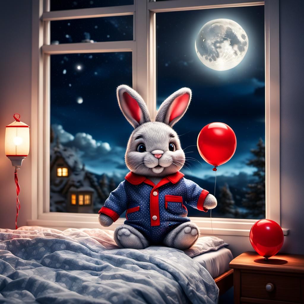 Bunny in Pajamas on Cozy Bed at Night