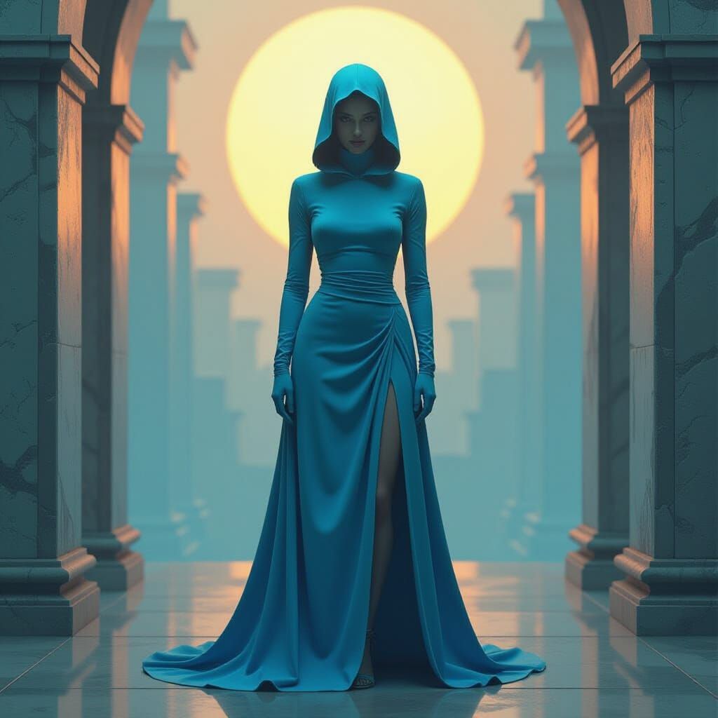 Mysterious Blue Figure in Golden Ratio Composition