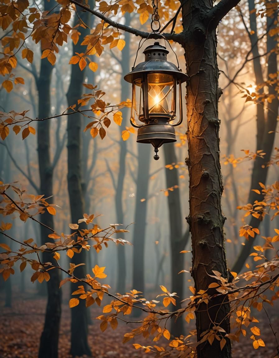 Autumn Lantern in Misty Forest: Peter Lik Inspired