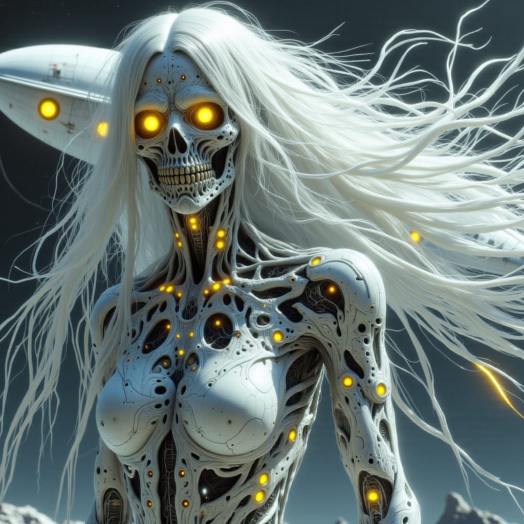 A female zombie robot with long stark white wispy hair, glowing yellow eyes, wearing an intricate white biomechanical zo...