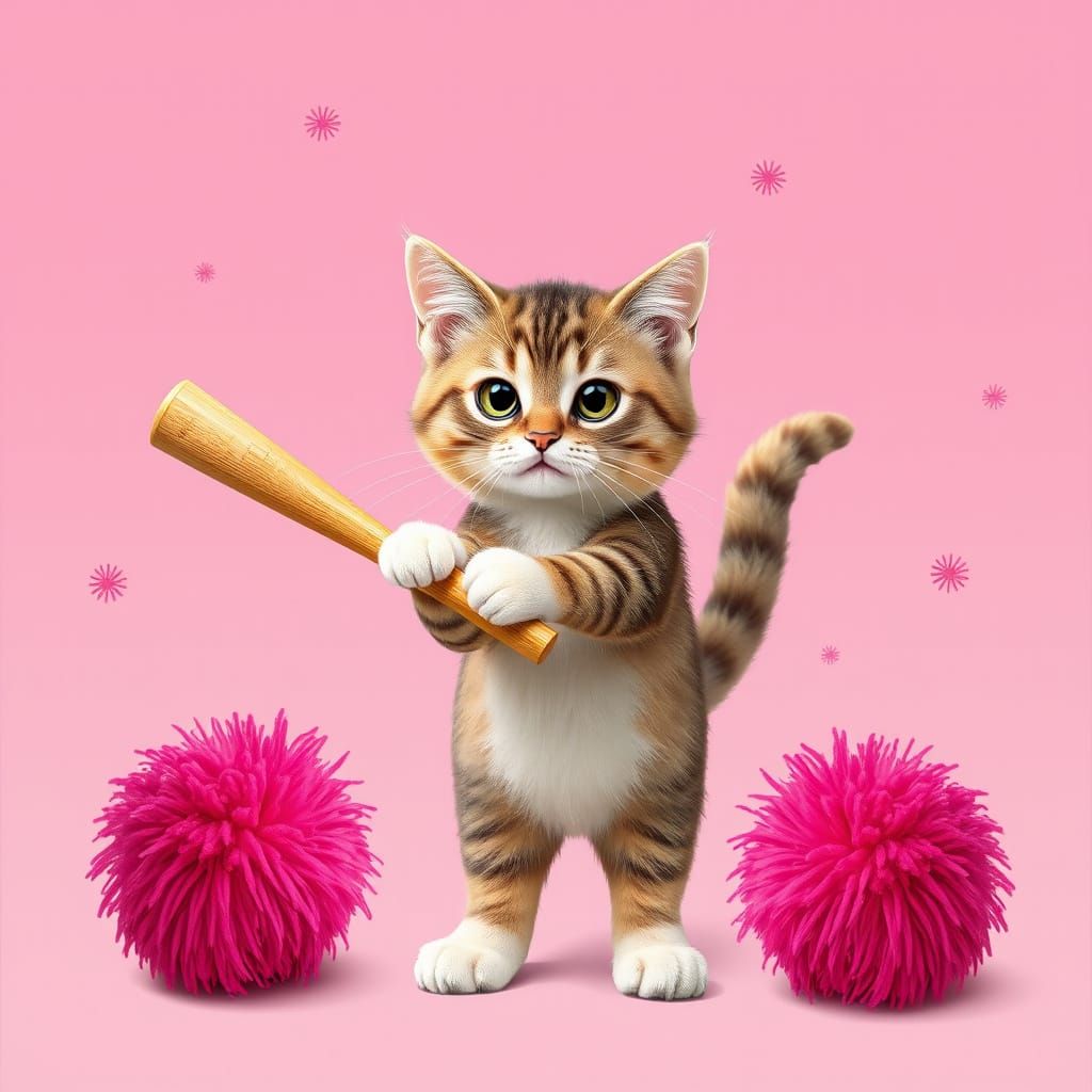 Cat batting pom poms