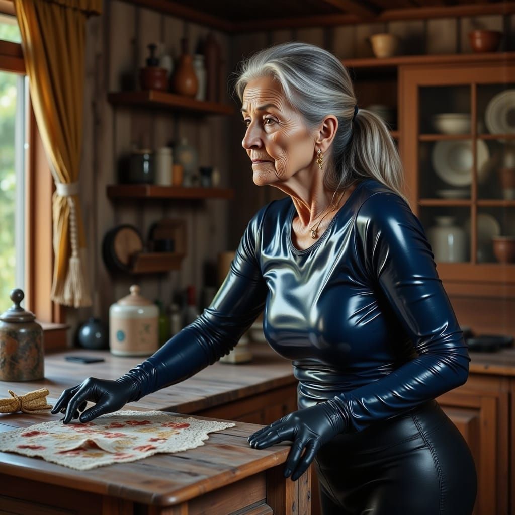 Elderly Woman Dusters Living Room in Chrome Latex